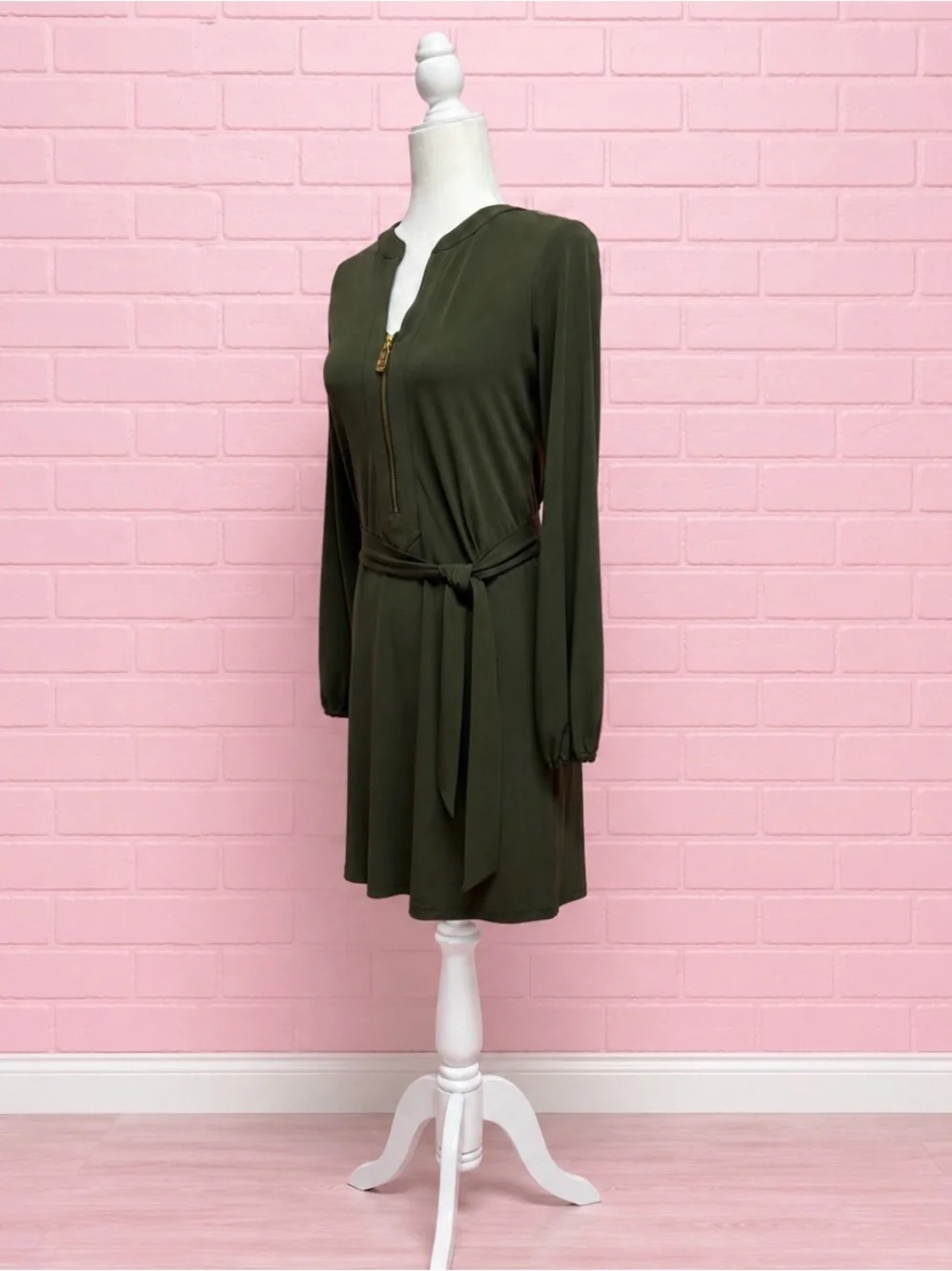 Michael Kors Women's Olive Green Zip-Front Tie-Waist Dress